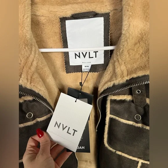 🌟NWT🌟NVLT Shearling Biker Jacket Brown - Picture 8 of 9